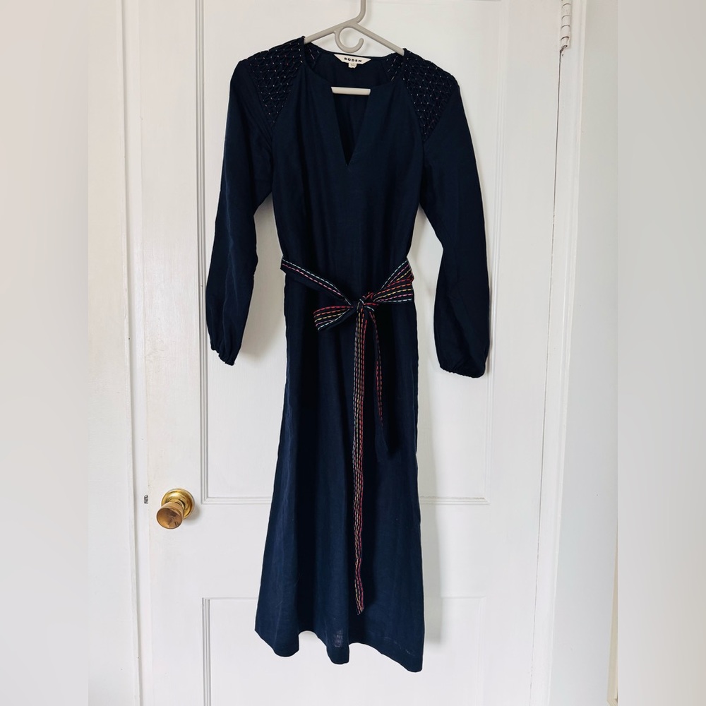 Boden Navy Long Sleeve Linen Maxi Dress with Rainbow belt and shoulders